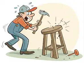 Cartoon of man breaking a stool with a hammer