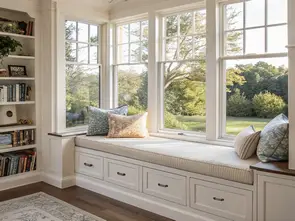 Custom cabinet and seating across a large window