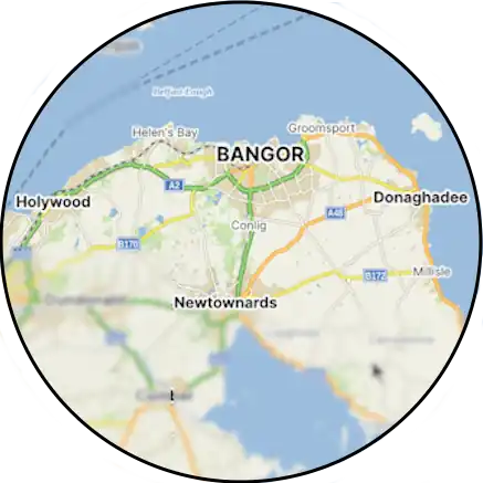 RK Joinery and Building service area map highlighting Bangor, Newtownards, Holywood and Donaghadee and North Down Area, Newtwonards and Ards Penisnula out of focus